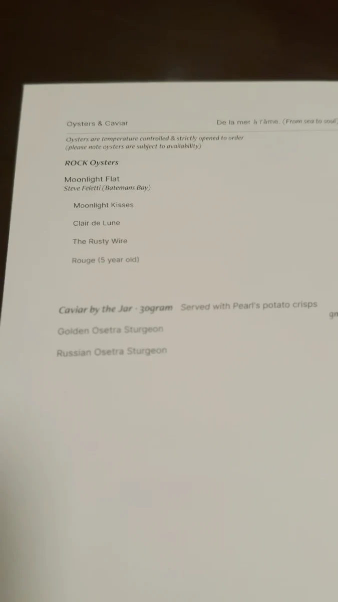Menu, Pearl Diver