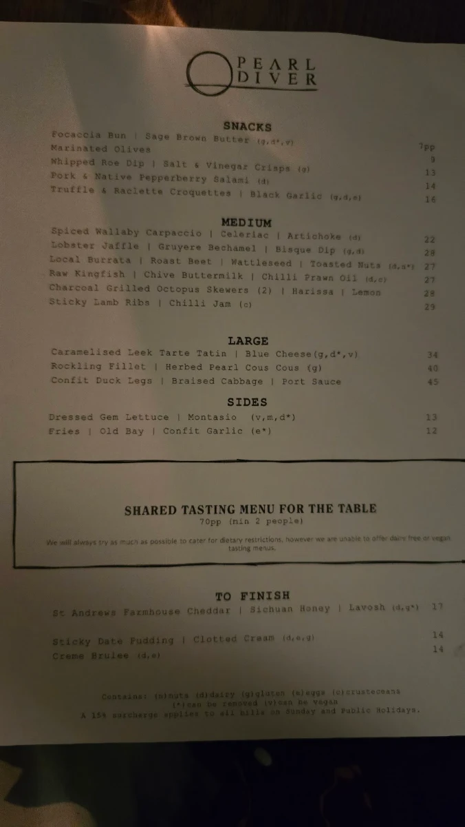 Menu, Pearl Diver