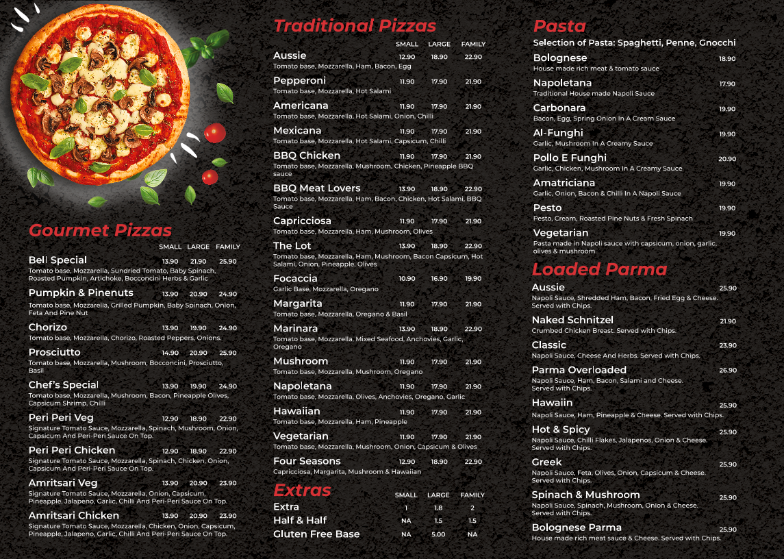 Menu, Pizza on Bell