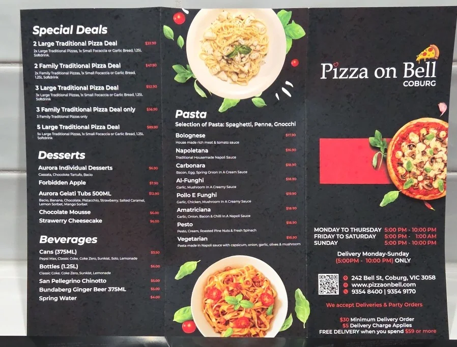 Menu, Pizza on Bell