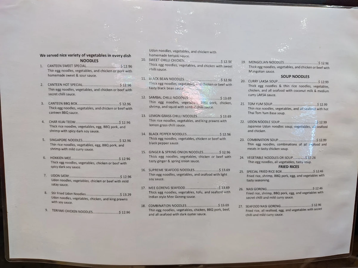 Menu, Noodle Canteen Ballarat Wendouree
