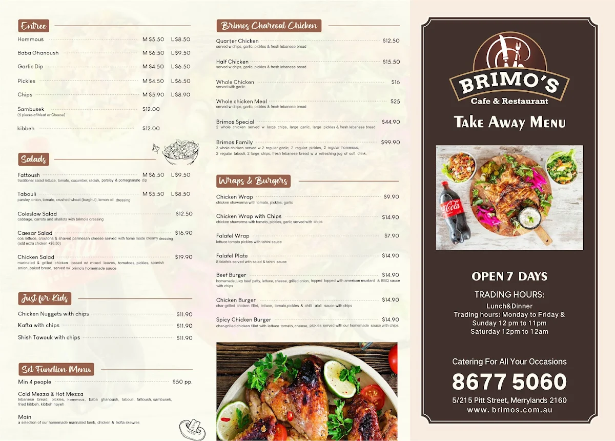 Menu, Brimo's Cafe & Restaurant & Merrylands Charcoal Chicken