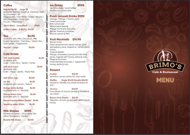 Menu, Brimo's Cafe & Restaurant & Merrylands Charcoal Chicken
