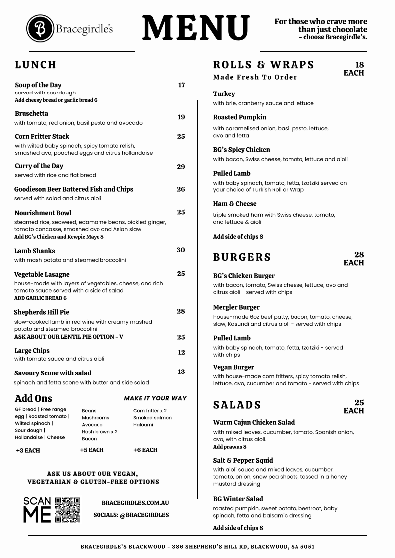 Menu, Bracegirdle's Blackwood