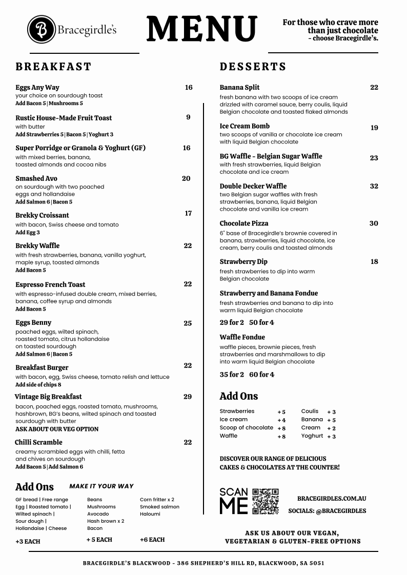 Menu, Bracegirdle's Blackwood