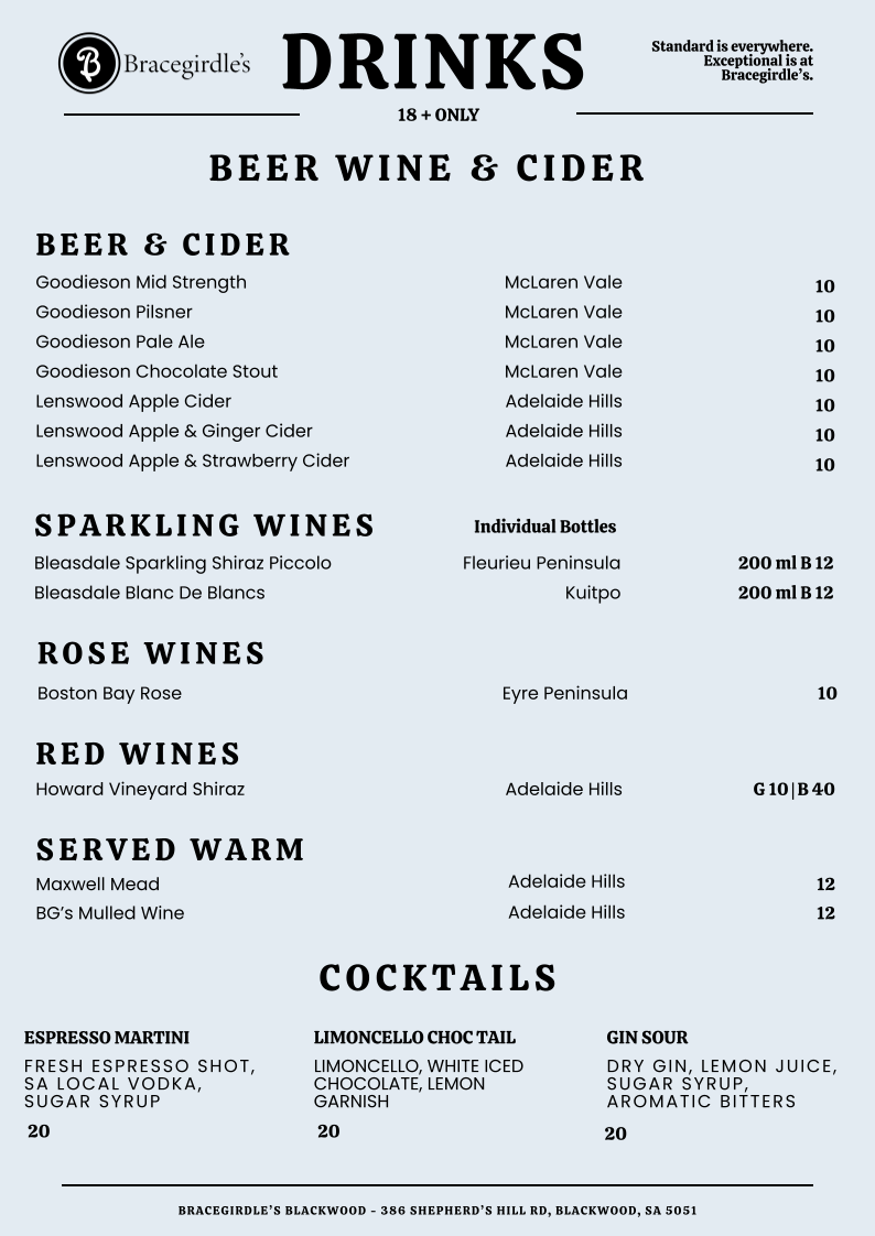 Menu, Bracegirdle's Blackwood