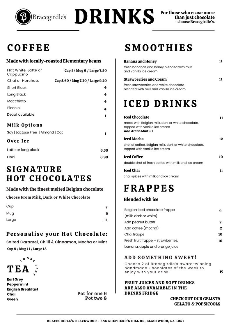 Menu, Bracegirdle's Blackwood