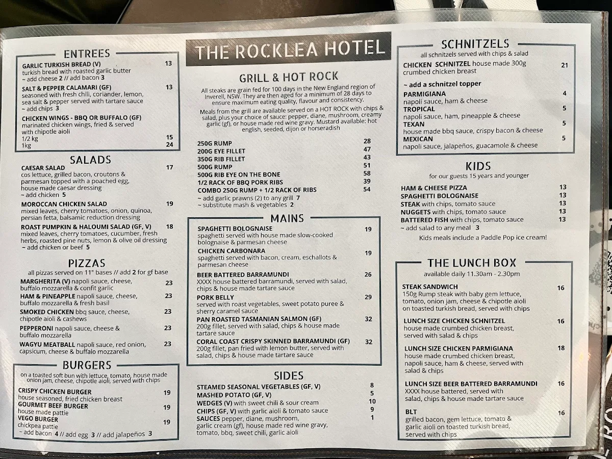Menu, Rocklea Hotel