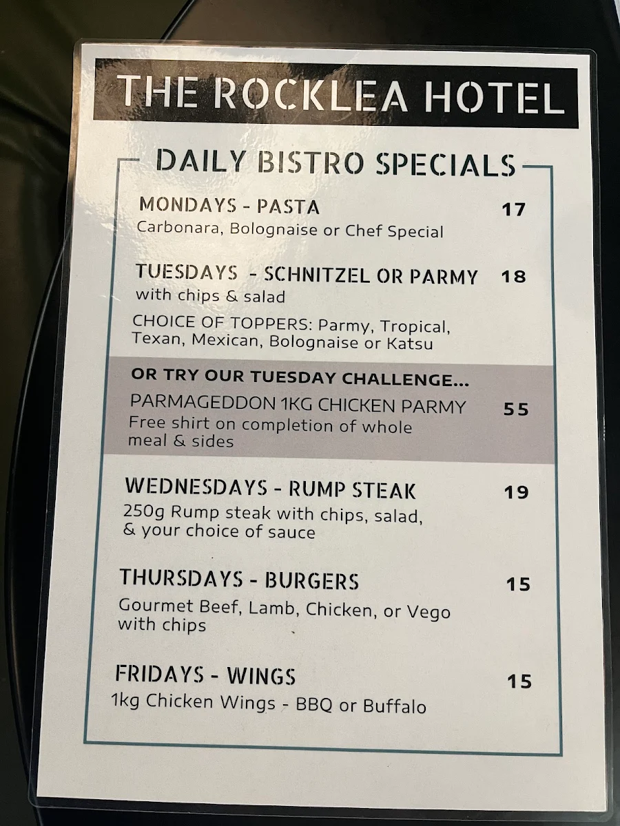 Menu, Rocklea Hotel