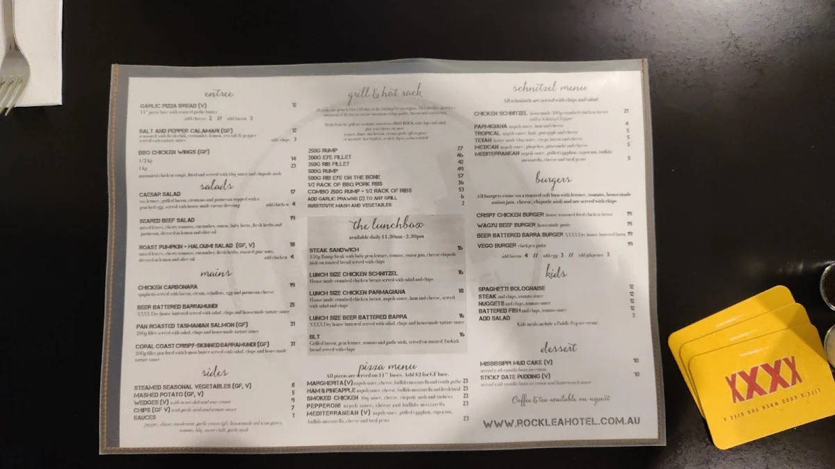 Menu, Rocklea Hotel