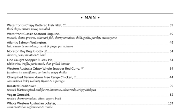 Menu, Waterfront Southgate