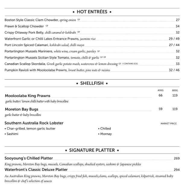Menu, Waterfront Southgate
