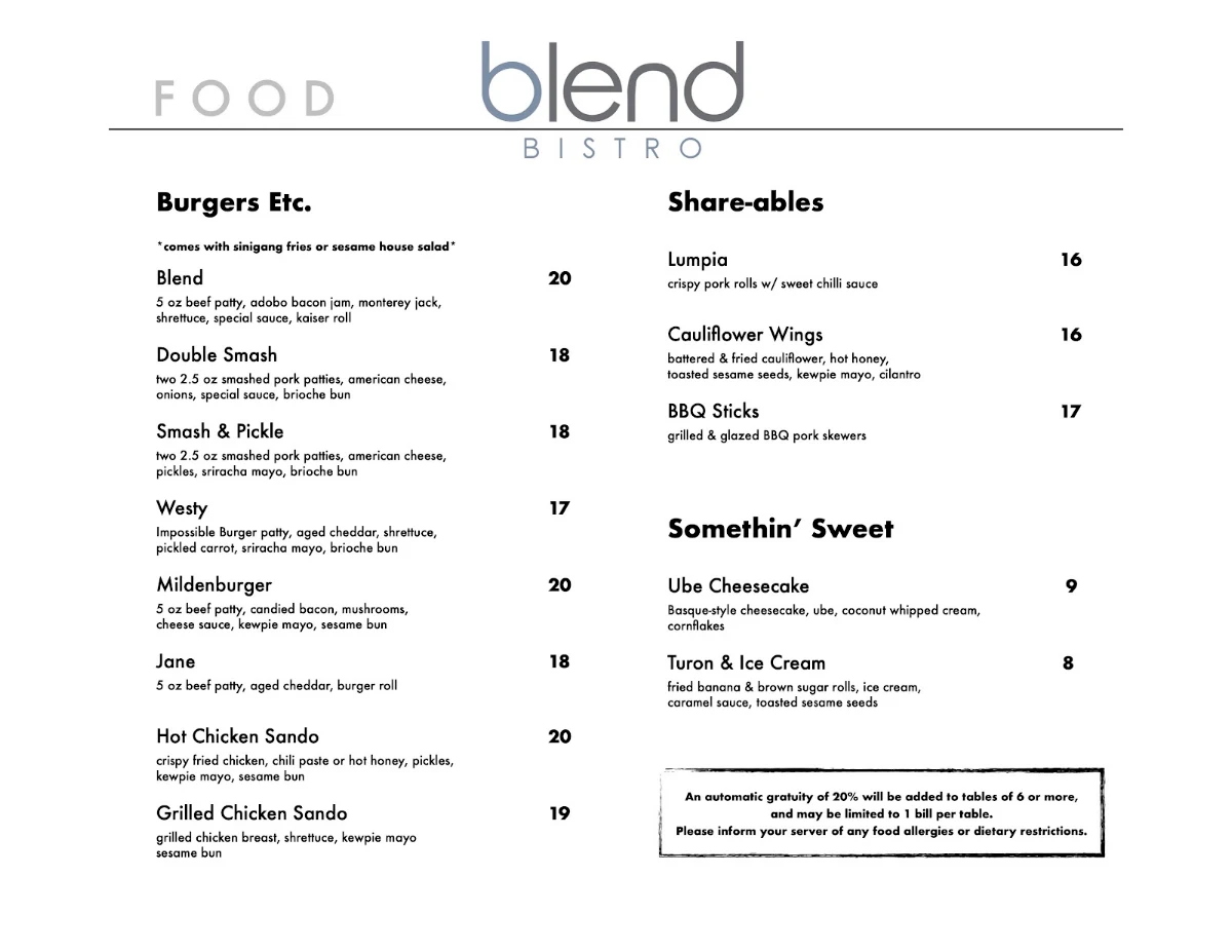 Menu, Blend Bistro