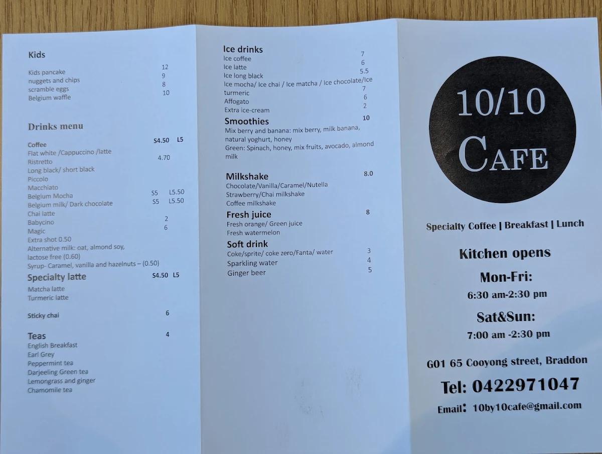 Menu, 10/10 cafe