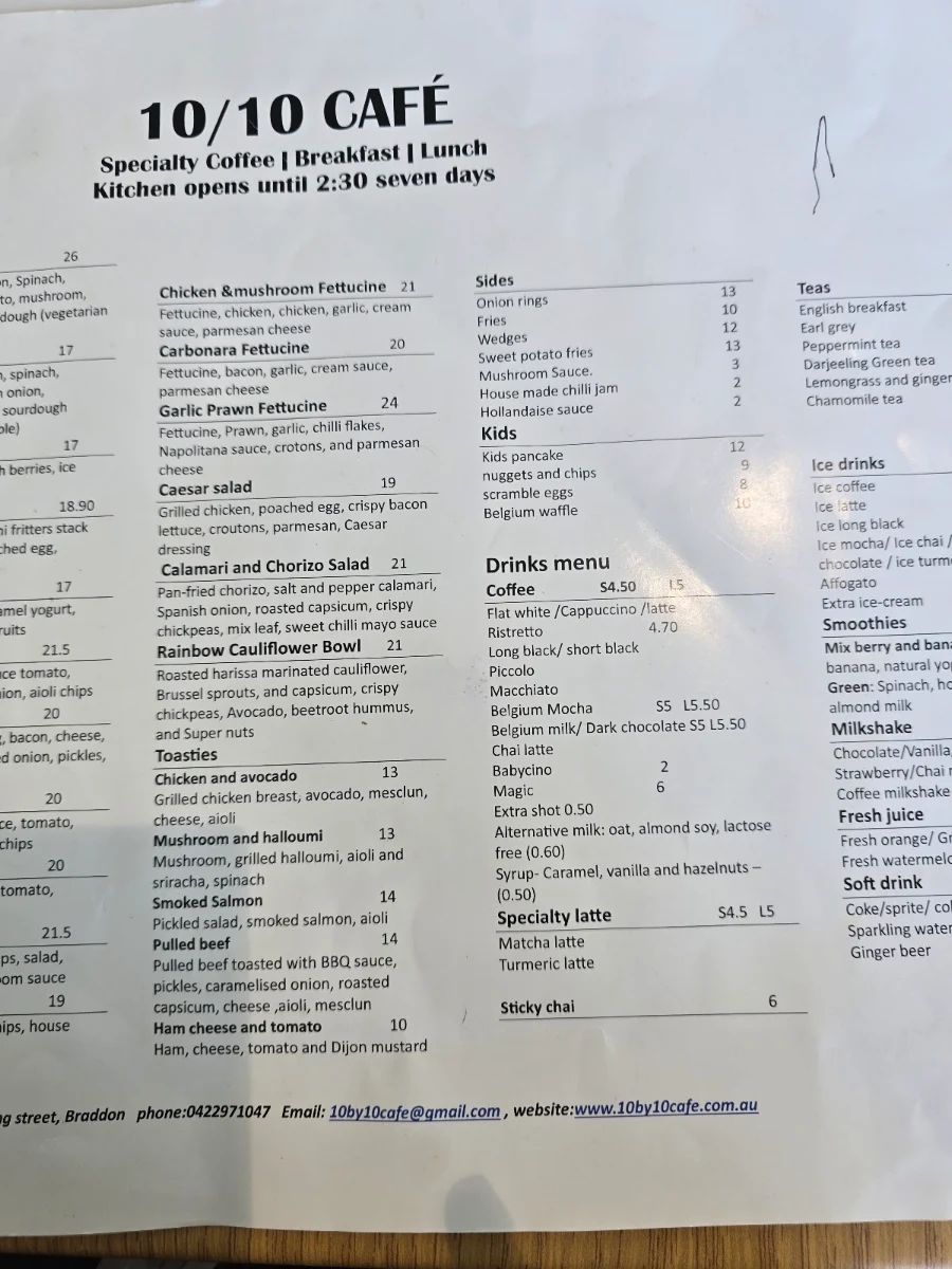 Menu, 10/10 cafe