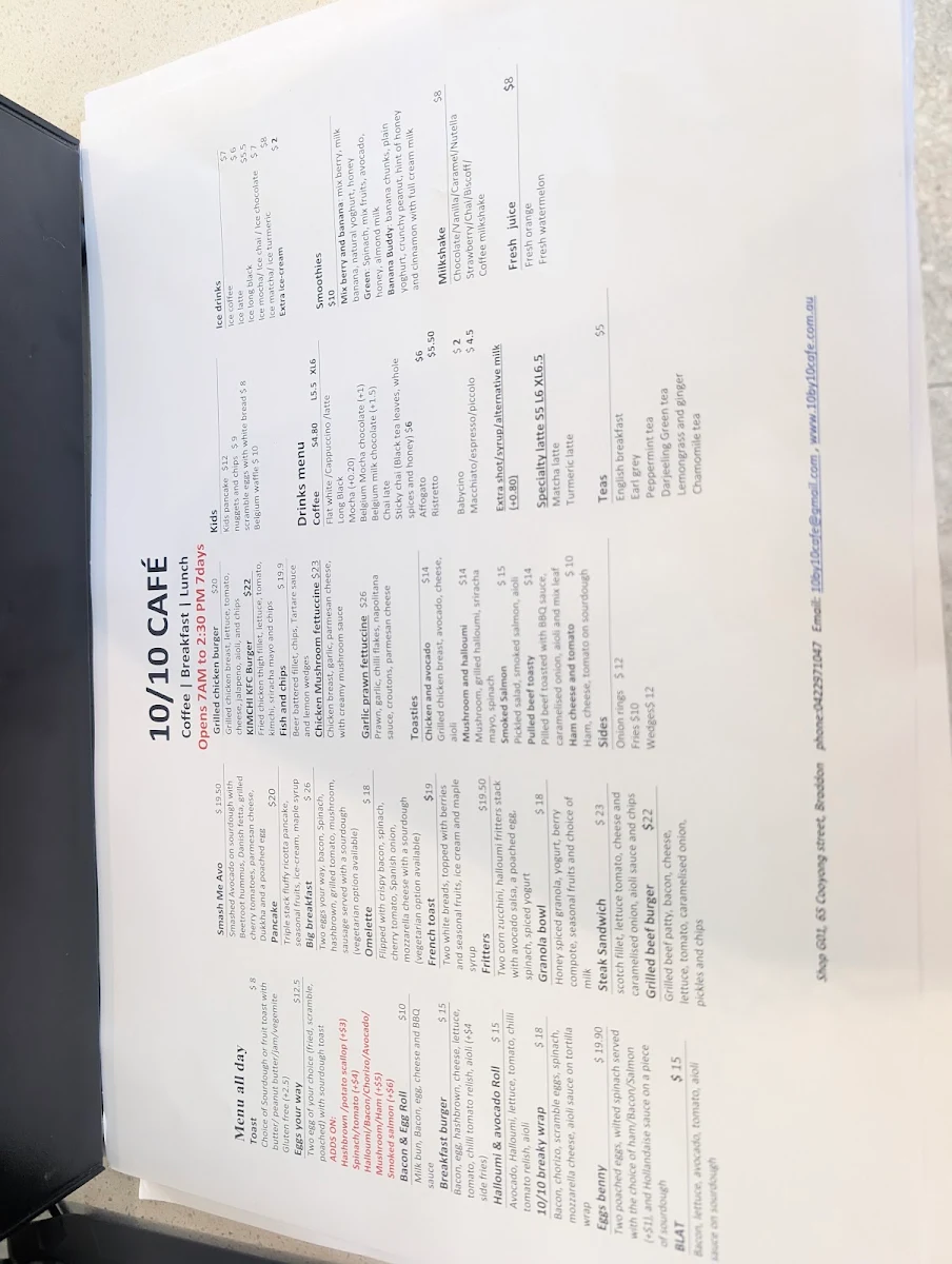 Menu, 10/10 cafe