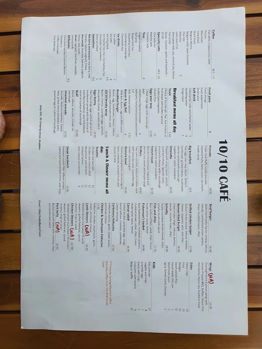 Menu, 10/10 cafe