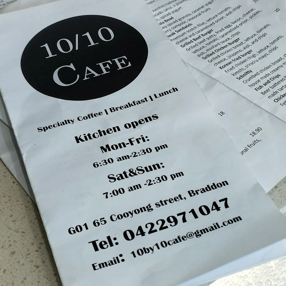 Menu, 10/10 cafe