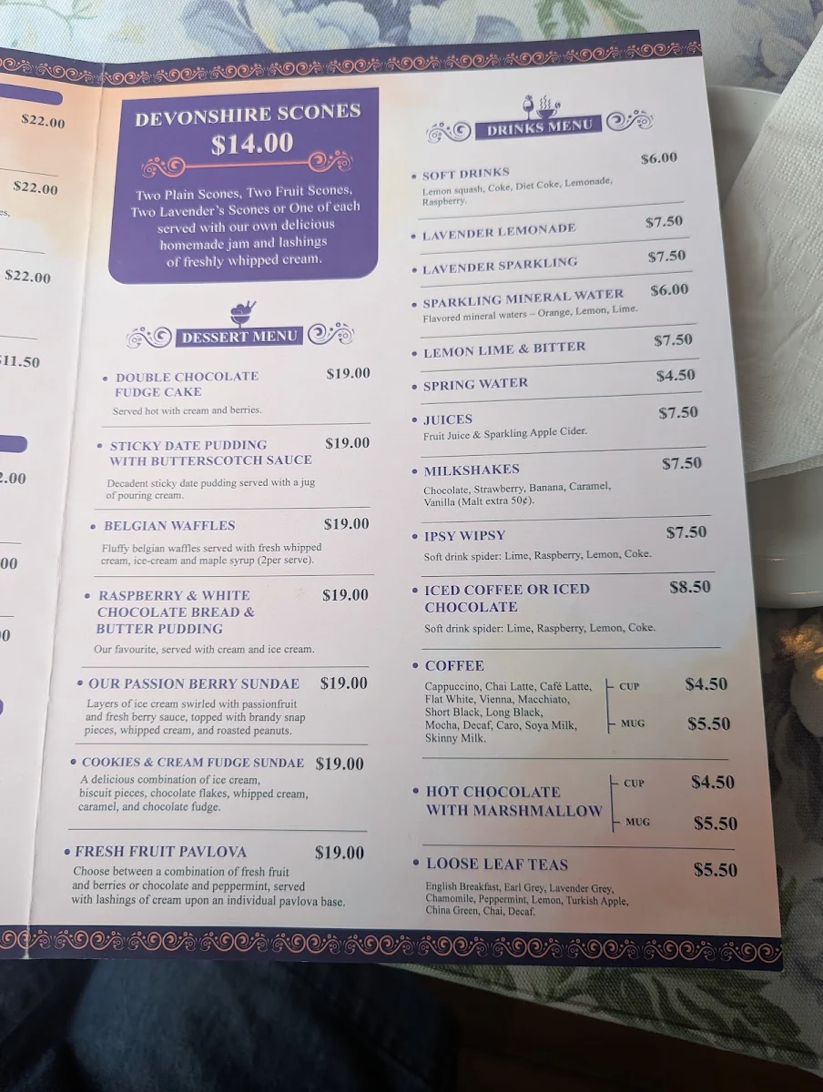 Menu, Lady Lavender's Tea Room