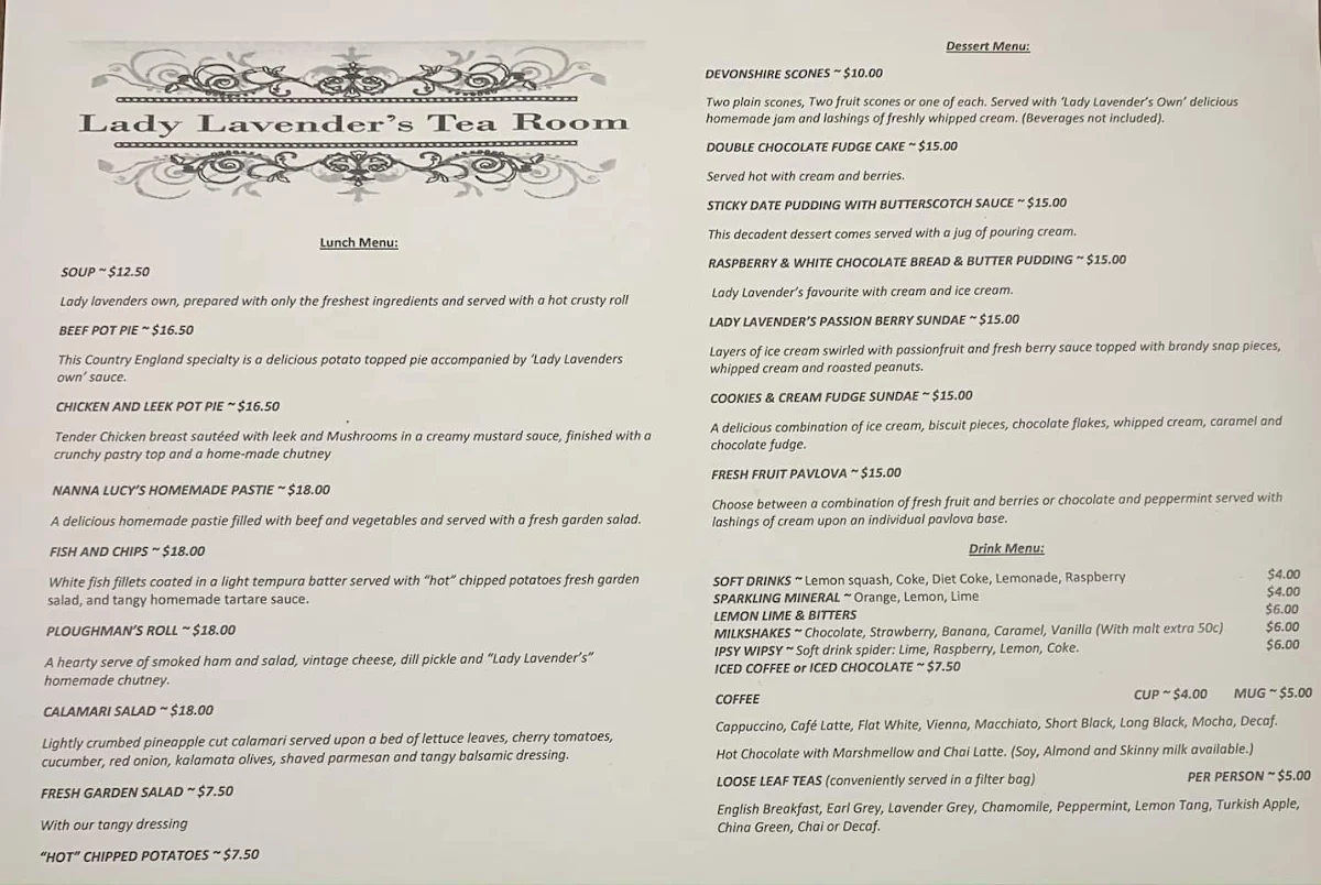 Menu, Lady Lavender's Tea Room