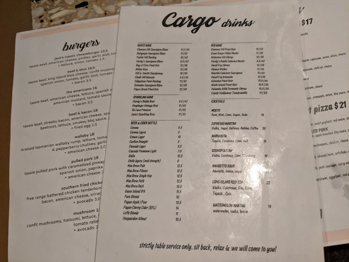 Menu, Cargo Bar Pizza Lounge