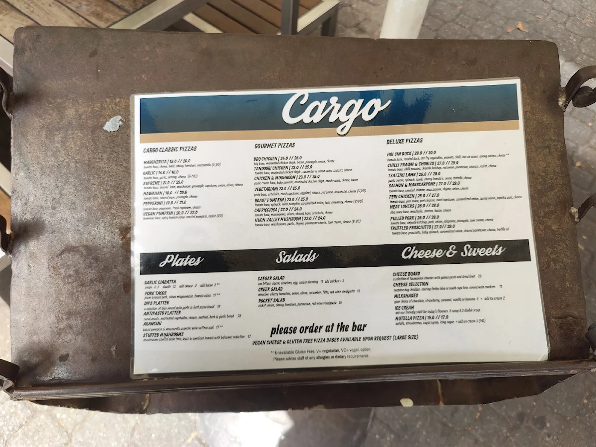 Menu, Cargo Bar Pizza Lounge