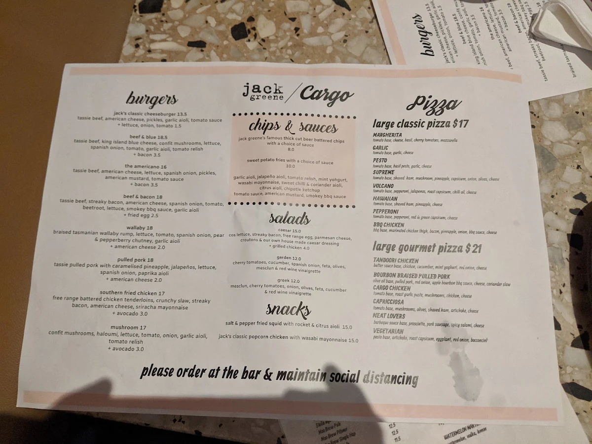 Menu, Cargo Bar Pizza Lounge