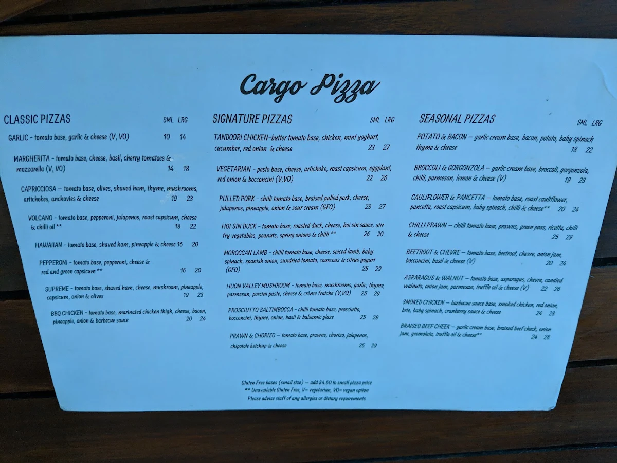 Menu, Cargo Bar Pizza Lounge