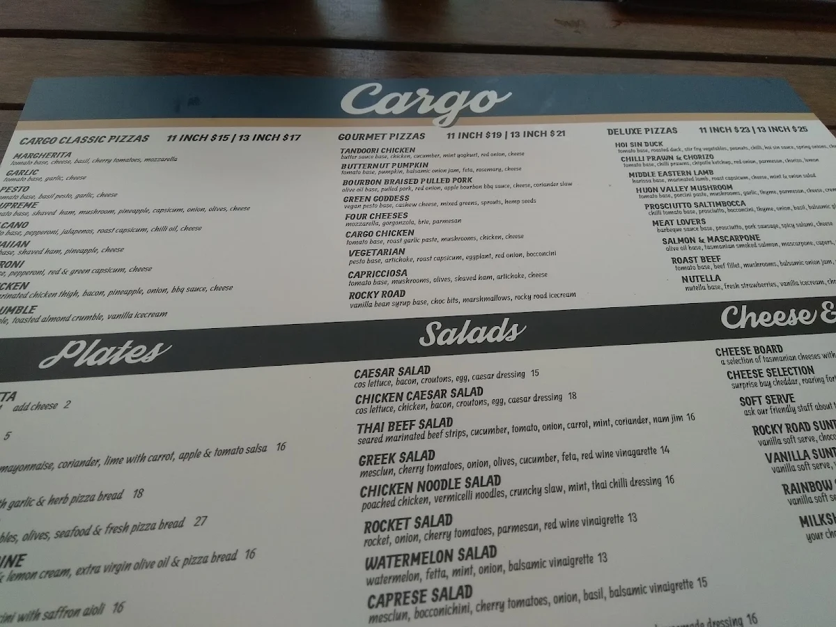 Menu, Cargo Bar Pizza Lounge