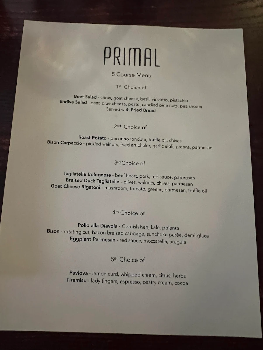 Menu, Primal
