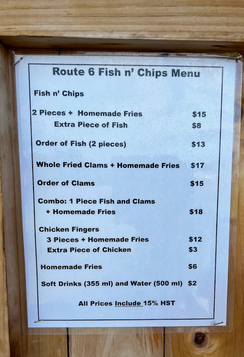Menu, Route 6 Fish 'n Chips