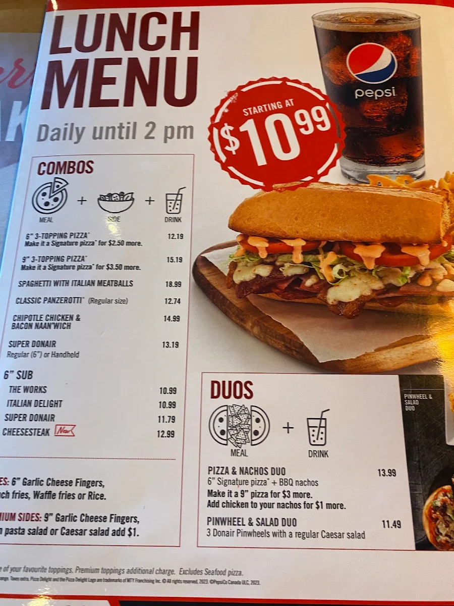 Menu, Pizza Delight