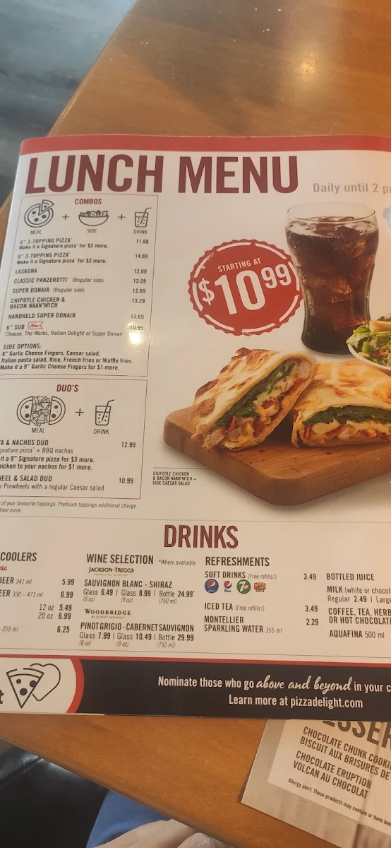 Menu, Pizza Delight