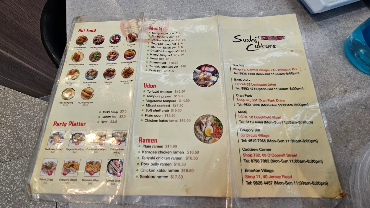 Menu, Sushi Culture