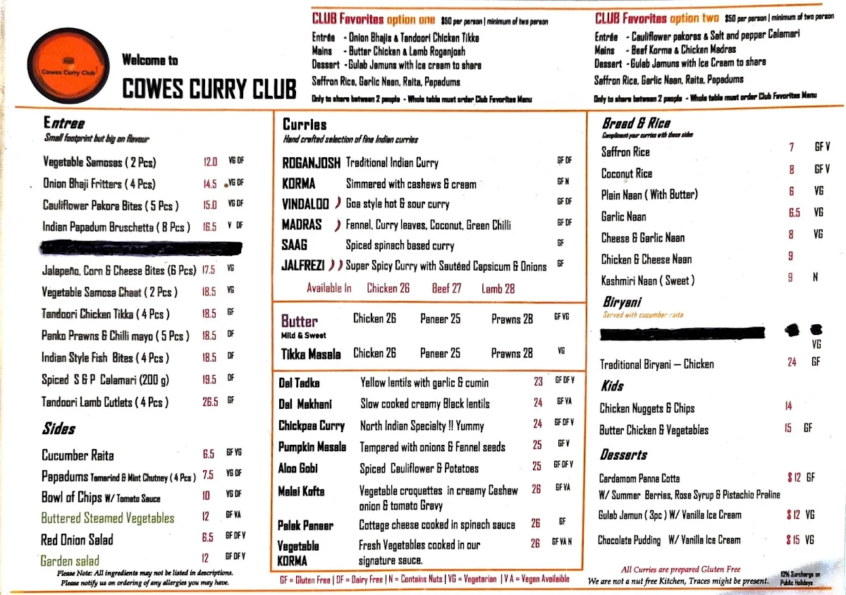 Menu, The Curry Club - Indian Restaurant