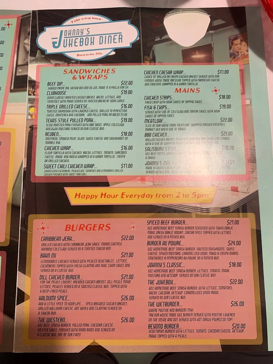 Menu, Johnny's Jukebox Diner