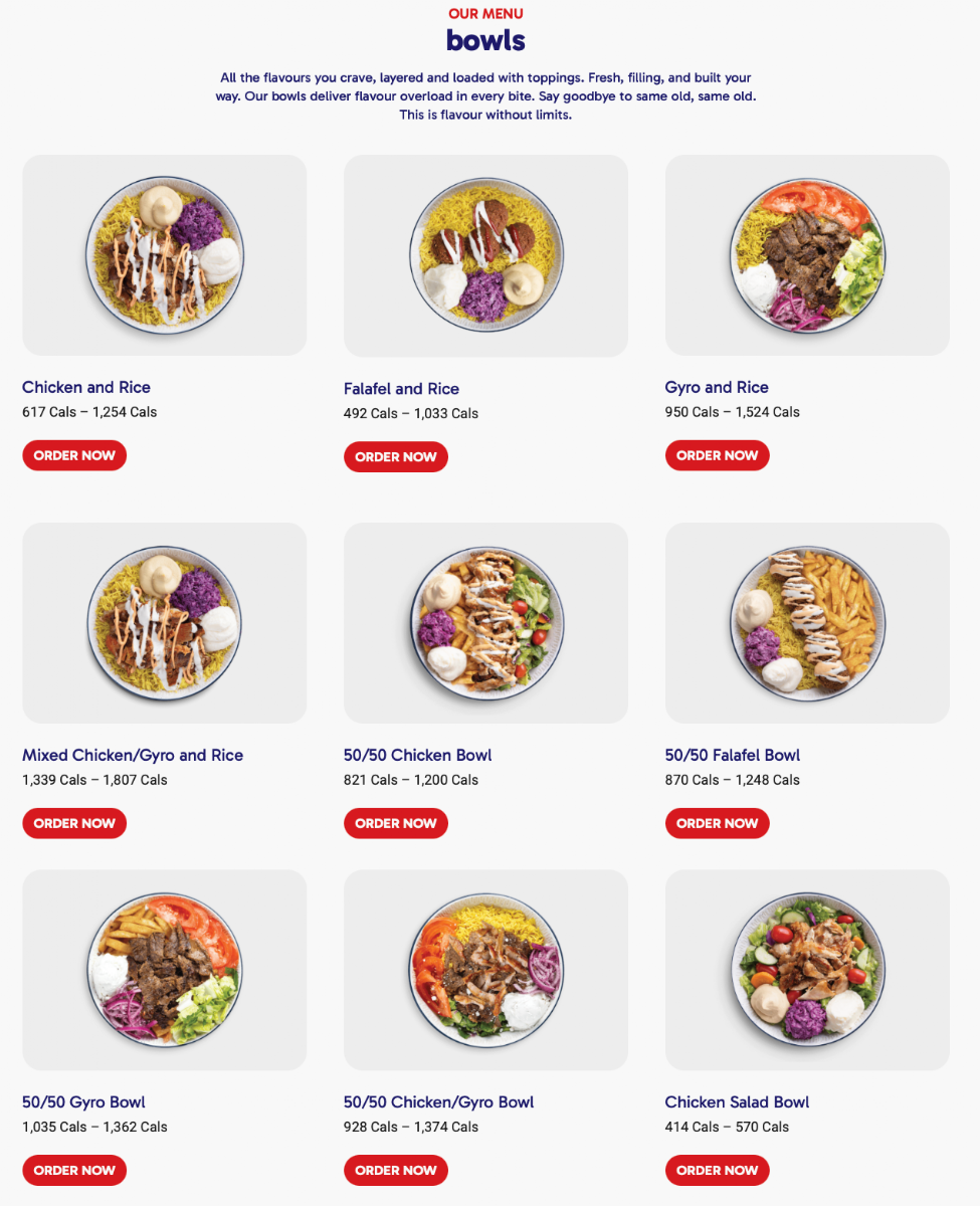 Menu, Tahini's Shawarma