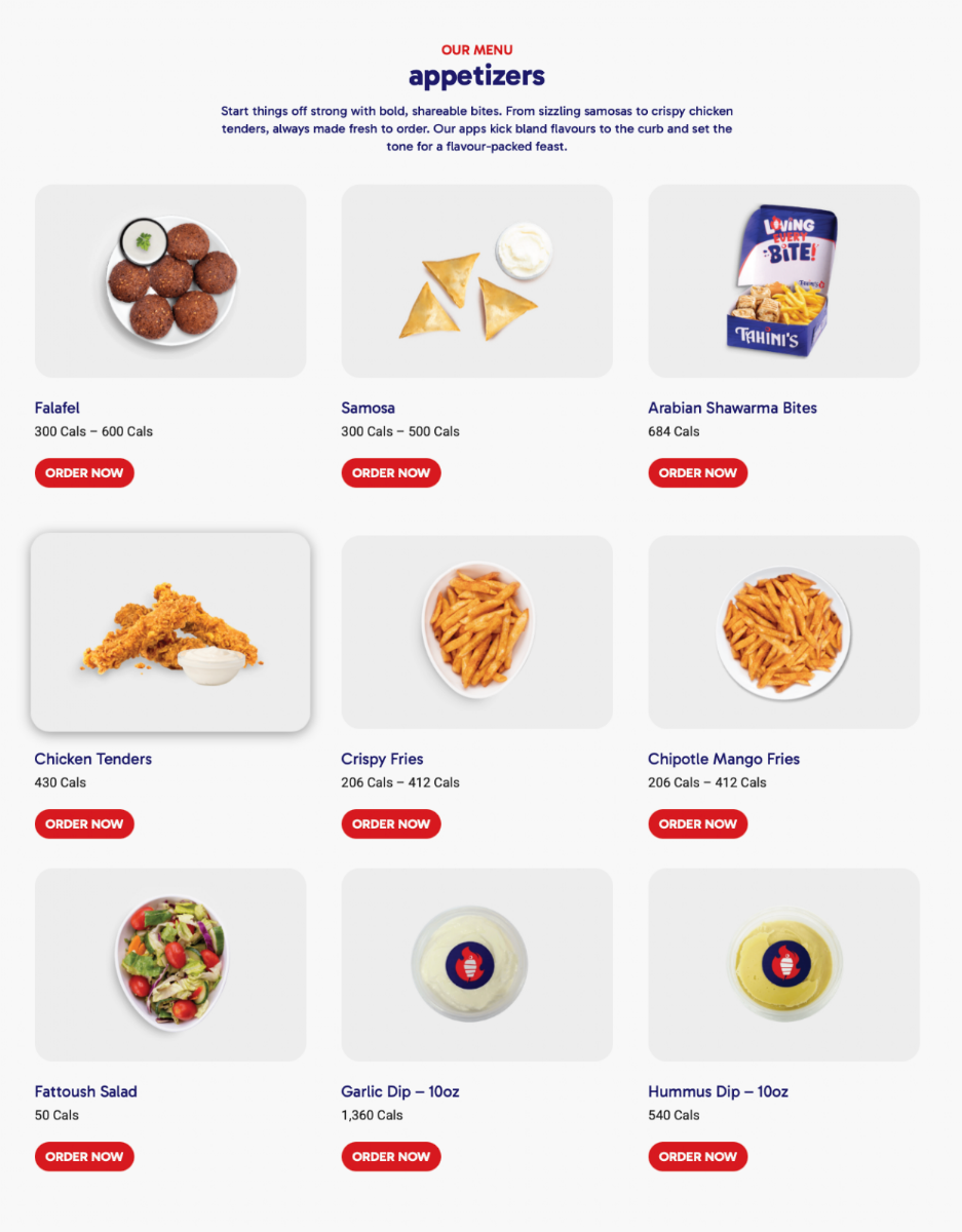 Menu, Tahini's Shawarma