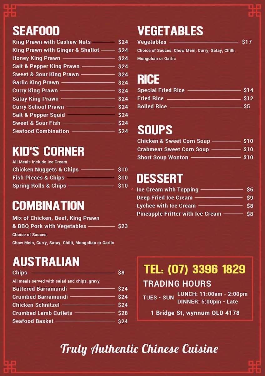Menu, Wynnum Bowls Club Chinese Restaurant