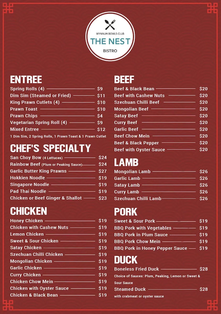Menu, Wynnum Bowls Club Chinese Restaurant