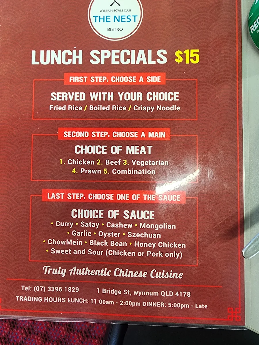 Menu, Wynnum Bowls Club Chinese Restaurant