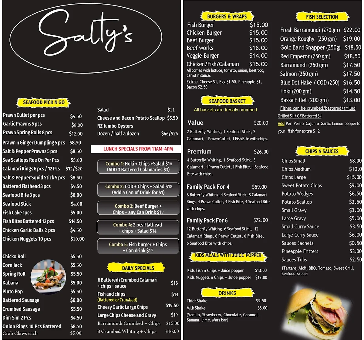 Menu, Saltys Seafood & Takeaway