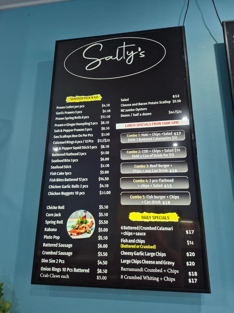 Menu, Saltys Seafood & Takeaway