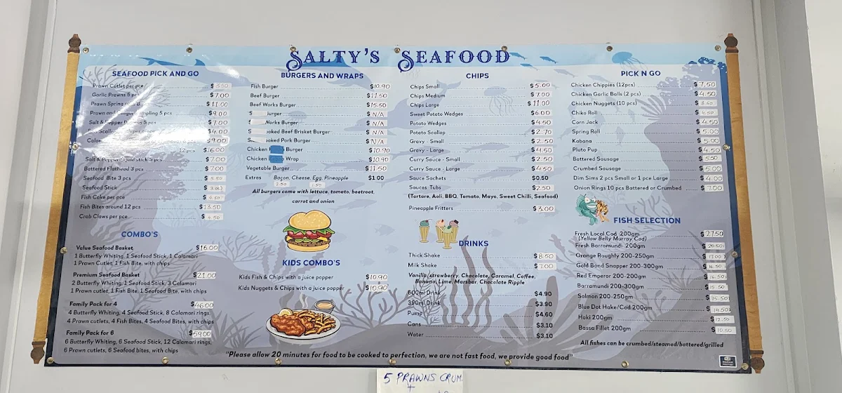 Menu, Saltys Seafood & Takeaway