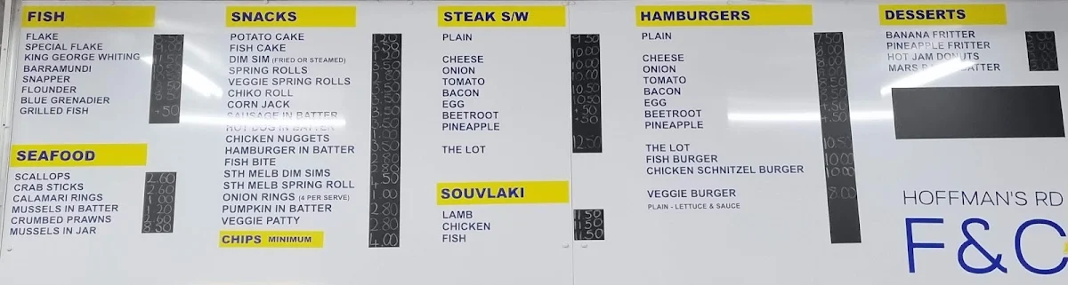 Menu, Hoffman's Road Fish & Chips