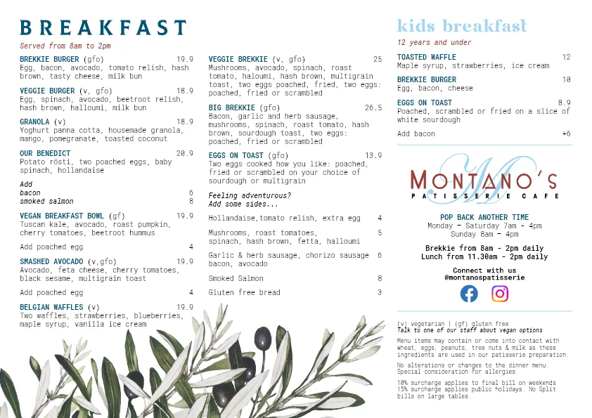Menu, Montano's Patisserie Cafe.