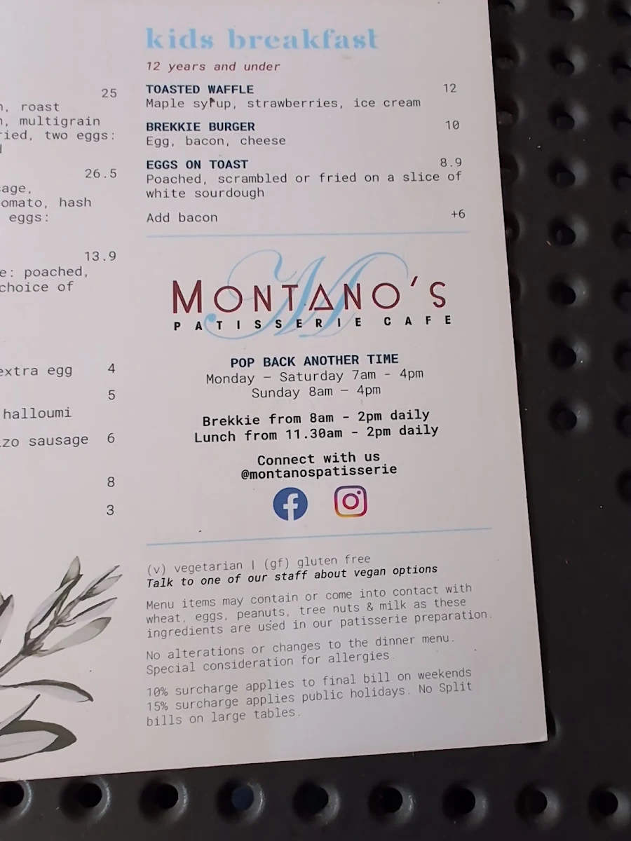 Menu, Montano's Patisserie Cafe.