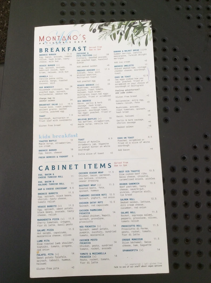 Menu, Montano's Patisserie Cafe.