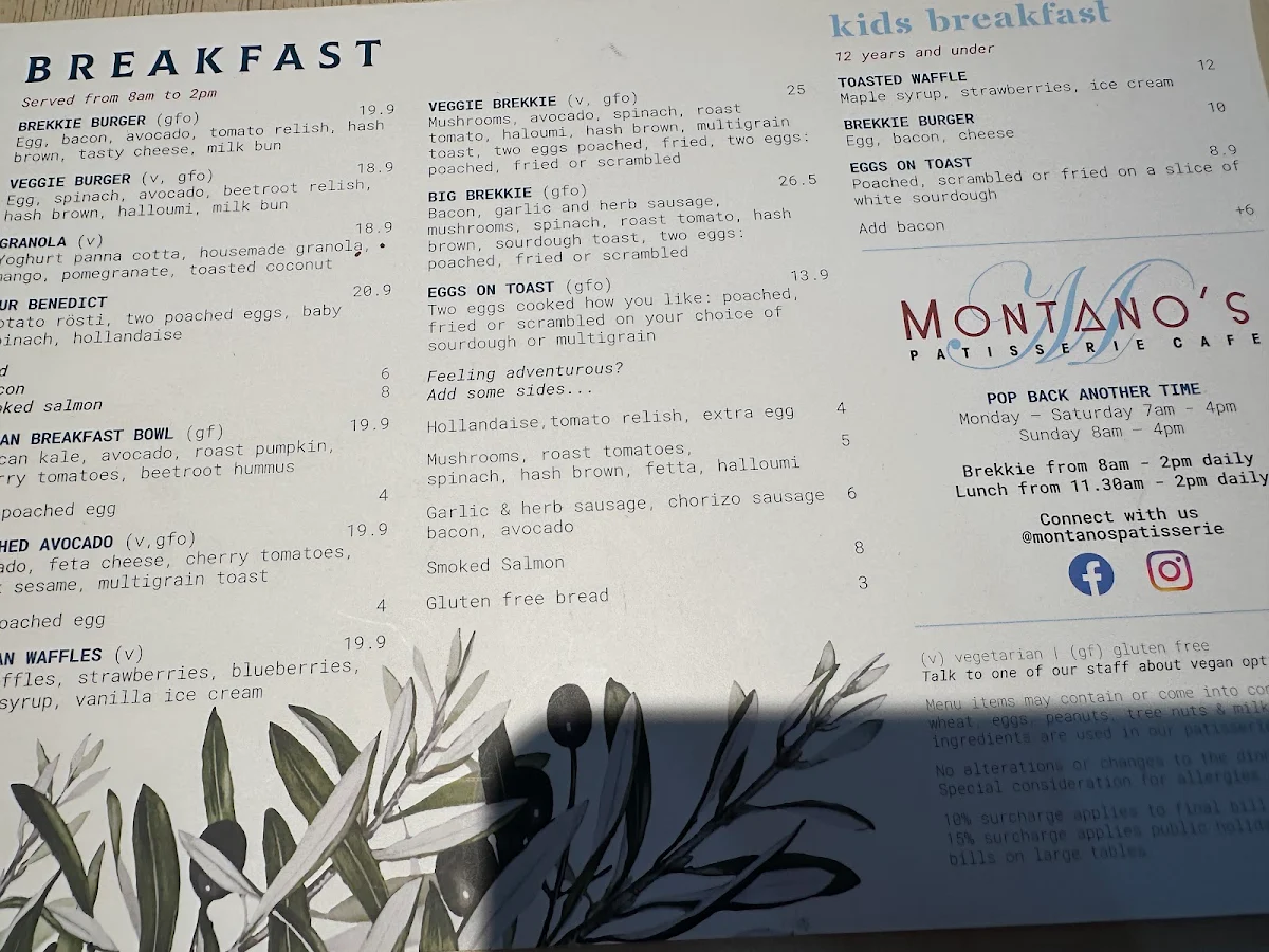 Menu, Montano's Patisserie Cafe.
