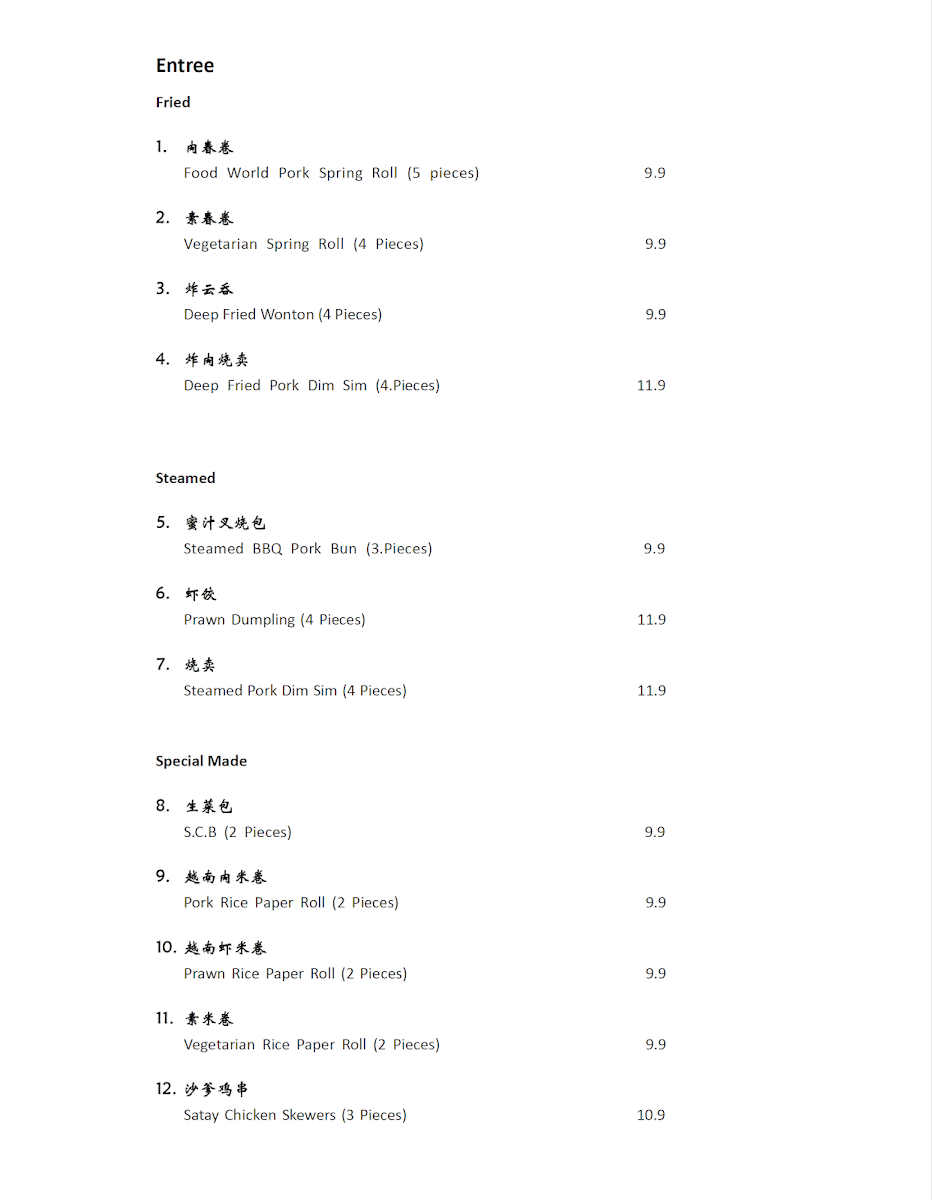 Menu, Food World Asian Fusion